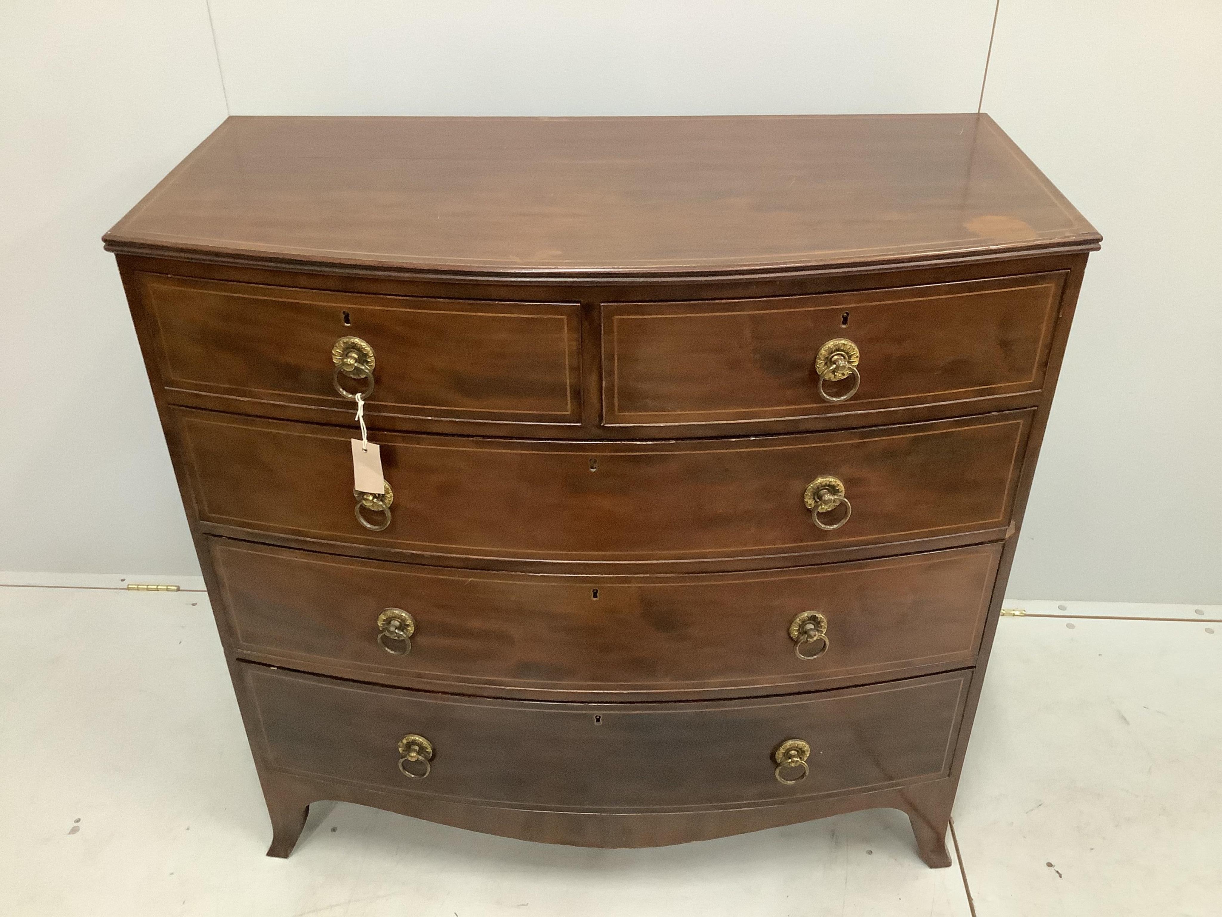 A Regency inlaid mahogany bowfront chest, width 108cm, depth 51cm, height 106cm